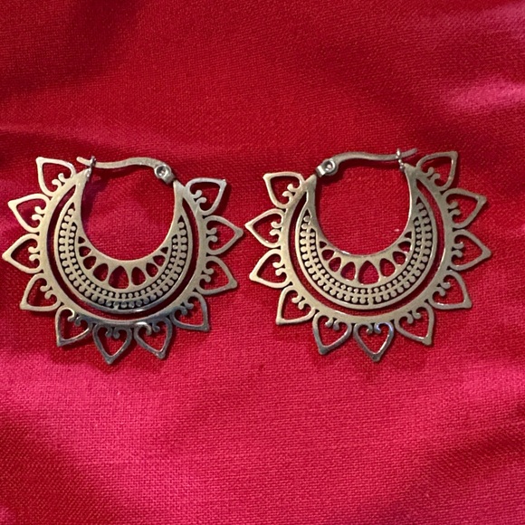 Handmade Jewelry - NEW Chic Silver Mandala Hoop Boho Tribal Hypoallergenic Stainless Steel Earrings